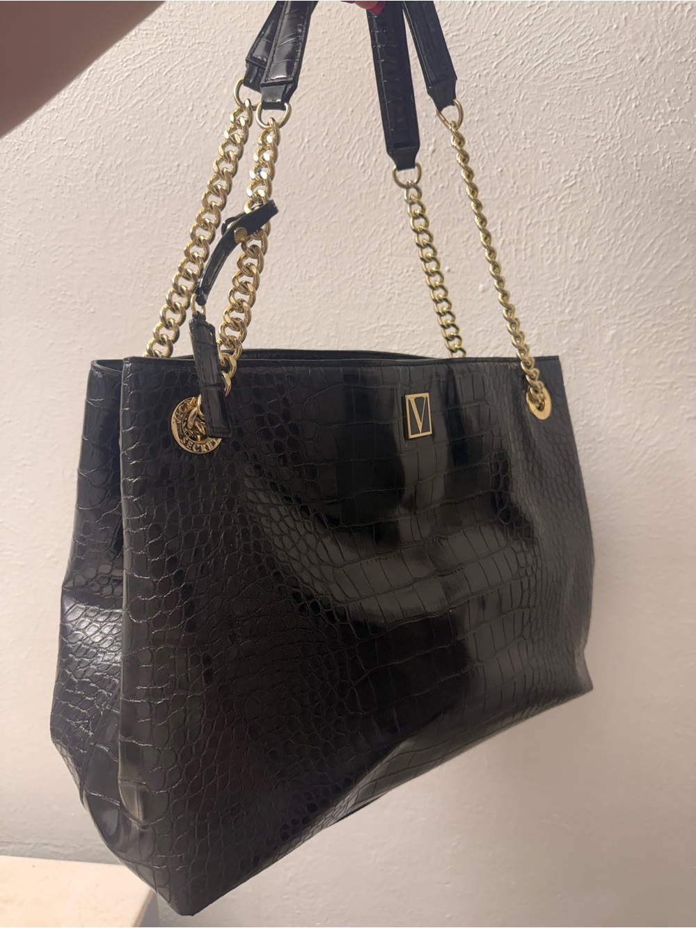 Victoria's Secret Black Croc-Embossed Tote with Gold Chains
